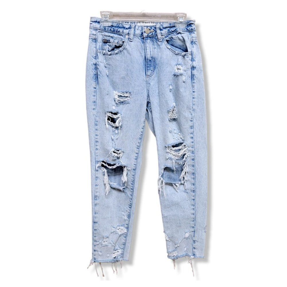 Garage Mom Acid Wash Jeans Blue Women's 7 High Rise Cropped Destroyed Cotton